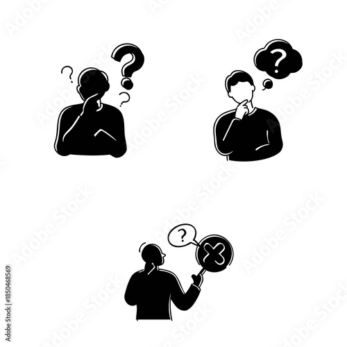 Silhouetted illustrations of three people with question marks indicating confusion or contemplation