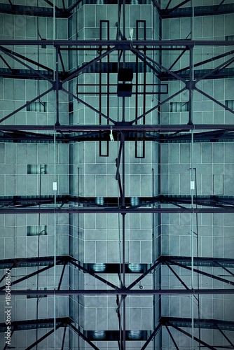 Symmetrical view of large industrial ventilation ducts and metal framework inside a factory or technical building, emphasizing geometry and structure.