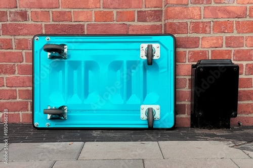 Blue wheeled cart lying on its side against a brick wall, minimalist urban still life with strong color contrast and symmetry.
