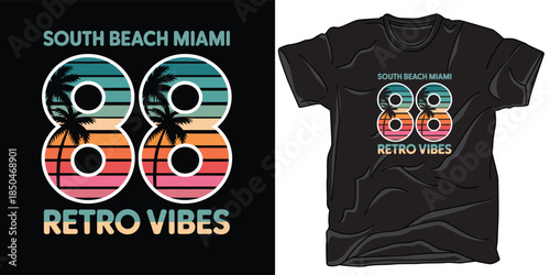 South beach miami 88 retro vibes t-shirt design with tropical palm trees and sunset colors
