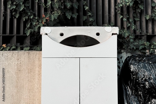 White discarded piece of furniture with openings that resemble a smiling face, set against ivy-covered background.