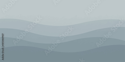 Vector illustration of an abstract blue background with waves depicting a misty mountain landscape at sunrise where a forest ridge meets the hazy horizon under a soft winter sky