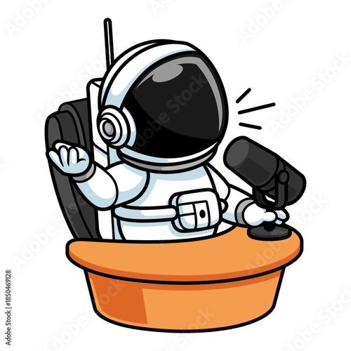 Cartoon Astronaut Podcast with Microphone On Air Illustration