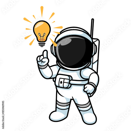 Cartoon Astronaut Pointing to Idea Lightbulb Illustration