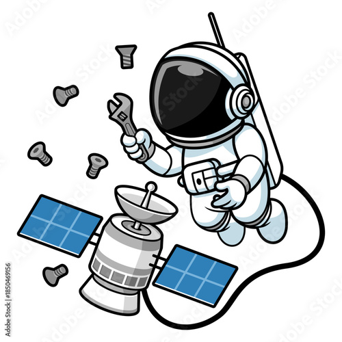 Cartoon Astronaut Repairing Small Satellite with Wrench Illustration