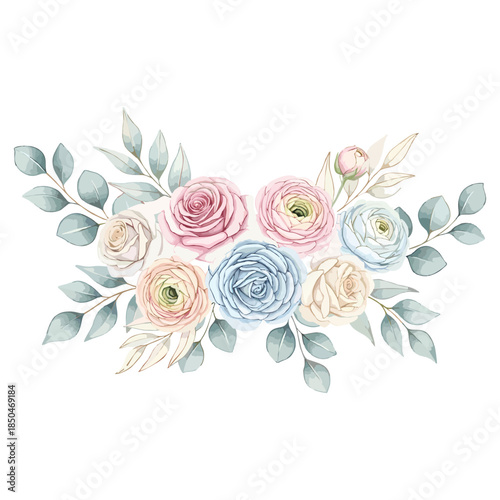 Graceful watercolor flower arrangement featuring soft pink and blue blooms