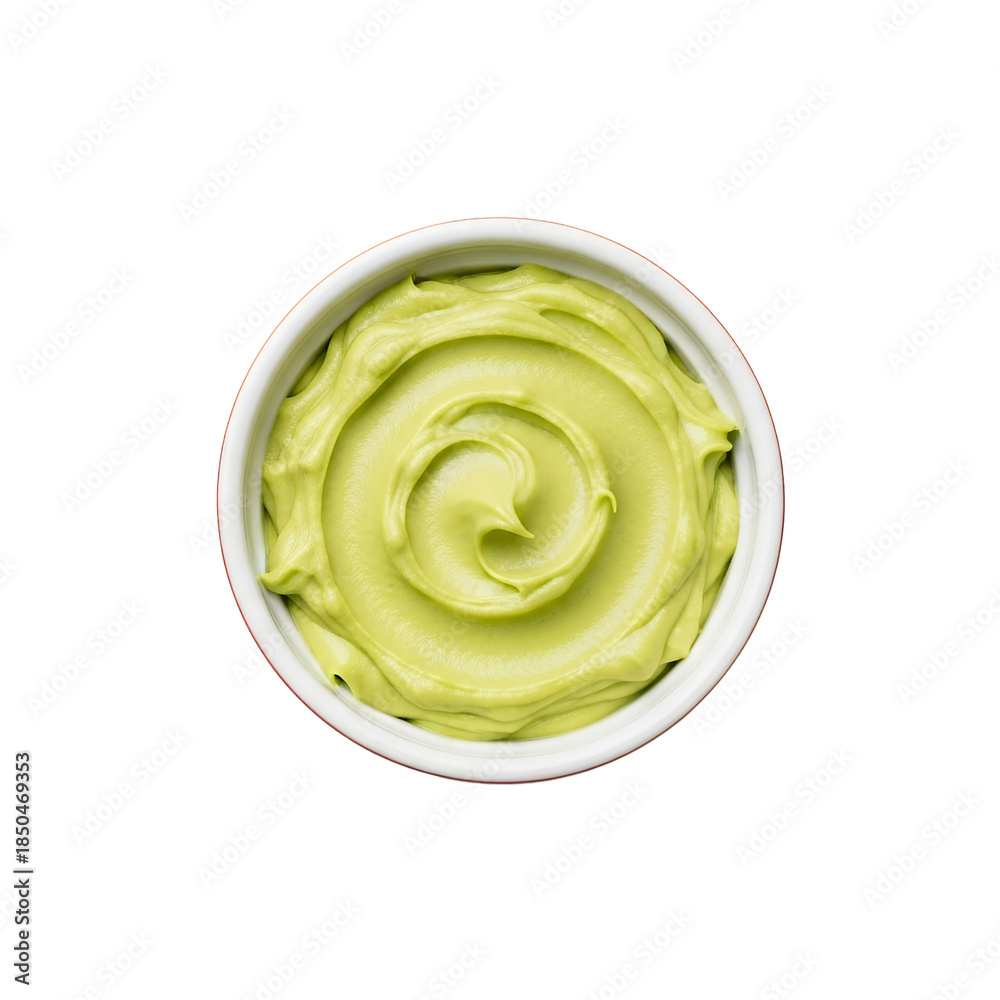 Obraz premium Top view mashed avocado on a white bowl, white background isolated