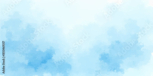 Bright abstract blue watercolor background depicting a sunny day with fluffy white clouds in a beautiful summer sky filled with ethereal sunlight and heaven-like atmosphere