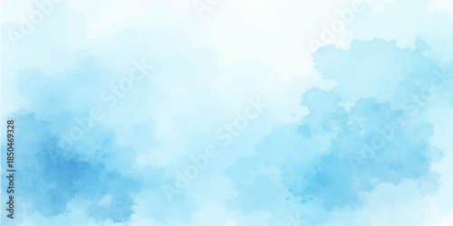 An abstract watercolor background of a beautiful clear blue sky with bright white clouds and sunny summer sunlight creates a peaceful nature cloudscape in the high atmosphere