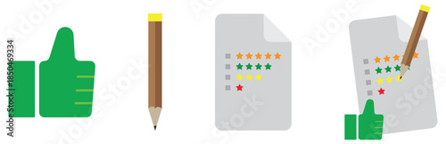 review card icon with pencil, thumbs up, and star rating, symbolizing product evaluation and customer feedback