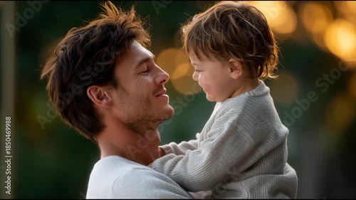 Father holds son close and smiles during sunny day in the park