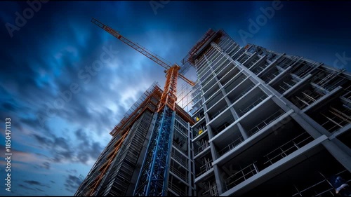 Construction site work at sunset with crane and building progress