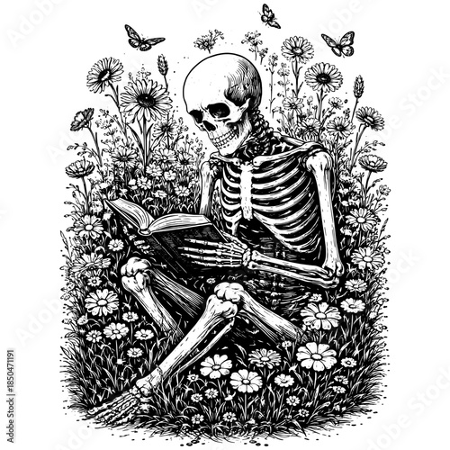 Vintage Skeleton Reading Book Engraving Vector, Inverted Black White Xerography on Transparent Background