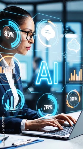 AI Data Visualization and Chatbot Interface for Business Professional. Futuristic Analytics with AI Text and Graphs. Corporate Strategy with Artificial Intelligence Overlays.