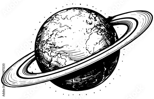 Vintage Ringed Planet Engraving Vector, Inverted Black White Xerography on Transparent Background