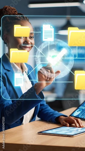 Digital Data Management and File Organization on Transparent Touchscreen. Modern Tech Workspace for Document and Folder Management. Professional Organizing Digital Files on an Interactive Interface.