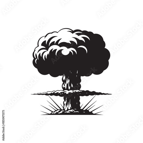 Atomic Mushroom Cloud Explosion Silhouette Graphic, Nuclear Blast Vector Illustration for Conflict or Environmental Concept Design