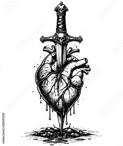 Vintage Heart Pierced by Sword Engraving Vector, Inverted Black White Xerography on Transparent Background