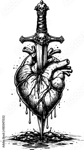 Vintage Heart Pierced by Sword Engraving Vector, Inverted Black White Xerography on Transparent Background