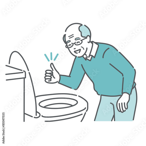 トイレで便の状態を確認してOKサインを出す高齢男性のイラスト（快便・介護・健康管理）