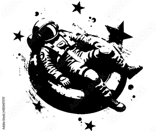 Vintage Floating Astronaut Engraving T Shirt Design, Inverted Black White Xerography Vector on Transparent Background