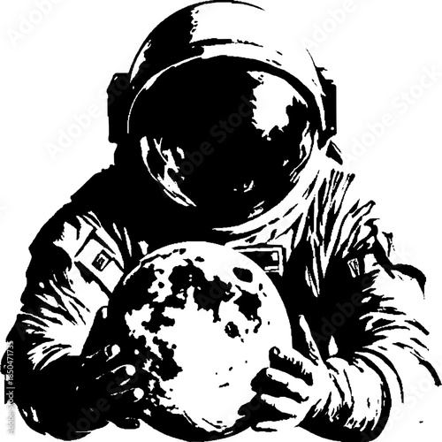 Vintage Astronaut Holding Moon Engraving T Shirt Design, Inverted Black White Xerography Vector on Transparent Background