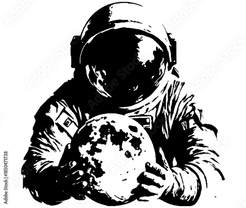 Vintage Astronaut Holding Moon Engraving T Shirt Design, Inverted Black White Xerography Vector on Transparent Background