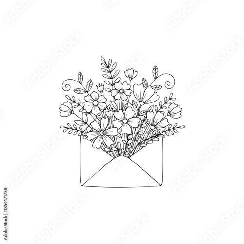 Hand-Drawn Illustration of a Bouquet of Flowers Emerging from an Open Envelope