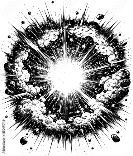 Vintage Big Bang Explosion Engraving Vector, Inverted Black White Xerography on Transparent Background