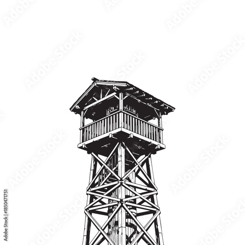 Detailed Black and White Illustration of a Rustic Wooden Watchtower