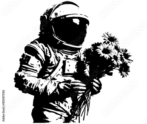 Vintage Astronaut Holding Flowers Engraving T Shirt Design, Inverted Black White Xerography Vector on Transparent Background