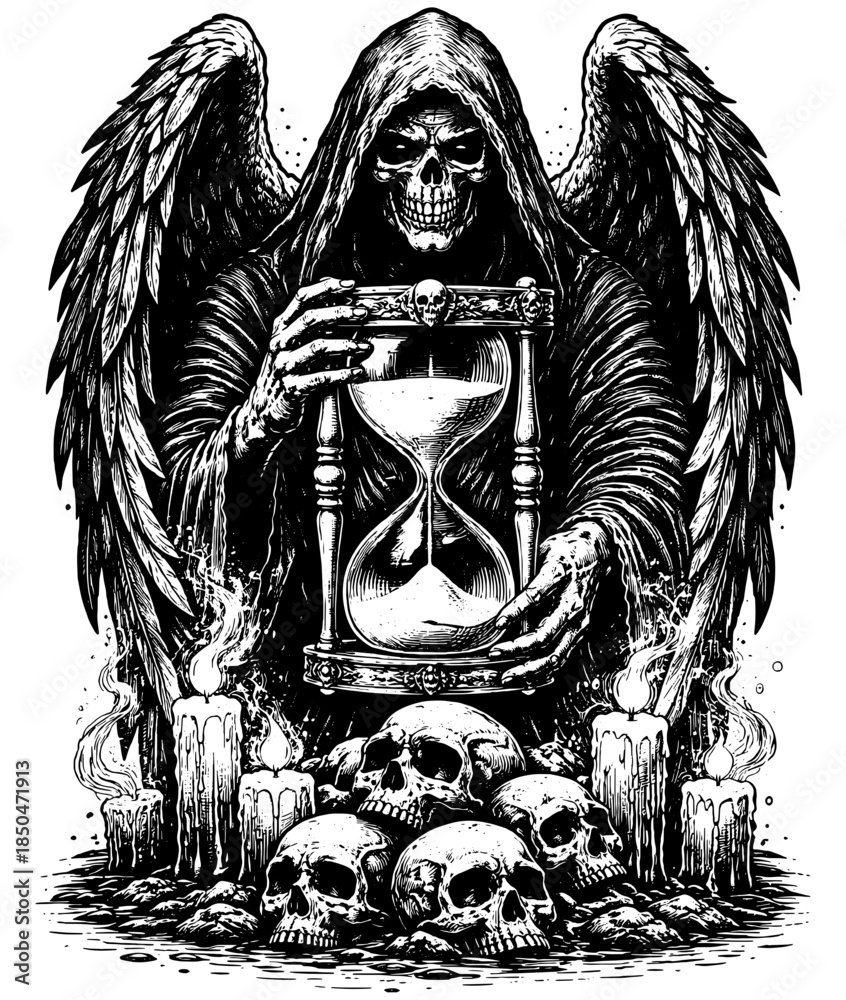 Fototapeta premium Vintage Grim Reaper with Hourglass Engraving Vector, Inverted Black White Xerography on Transparent Background