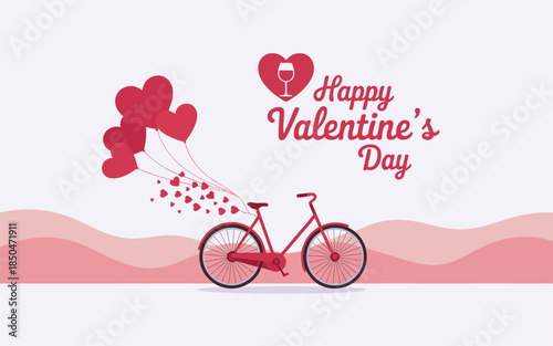 Happy Valentine's Day Bicycle with Heart Balloons and Wine Glass