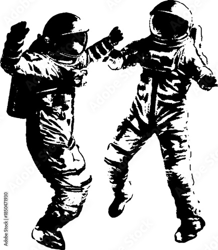 Vintage Dancing Astronauts Engraving T Shirt Design, Inverted Black White Xerography Vector on Transparent Background