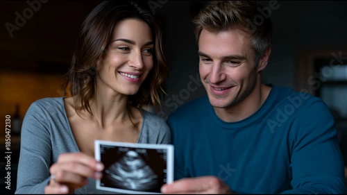 Couple looks at ultrasound photo together at home