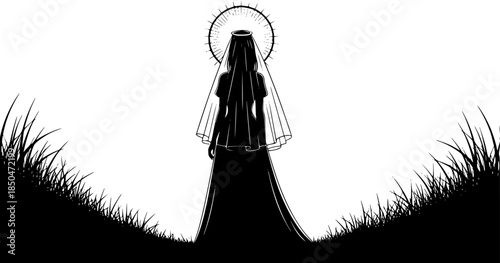 An illustration depicts a woman in a long dress and veil with a halo around her head standing alone.
