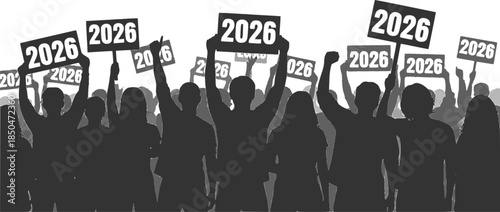 Silhouetted crowd holding signs with the year 2026, celebrating or protesting.

