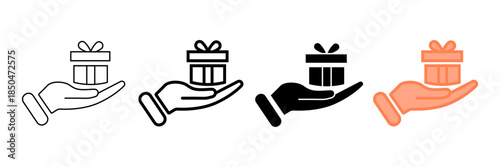 Set of minimalist gift box icons with transparent background, depicting present delivery symbols, bonus or reward concepts, and charity graphics, vector illustration