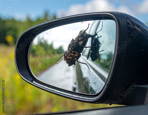 Large insect clinging to a car's side mirror, countryside scene
