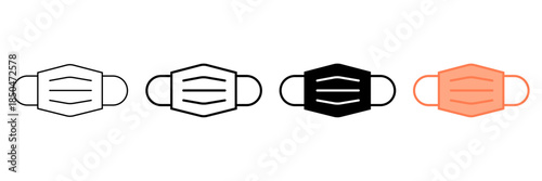 Set of minimalist face mask icons with transparent background, depicting healthcare, virus protection, disease prevention symbols, vector illustration