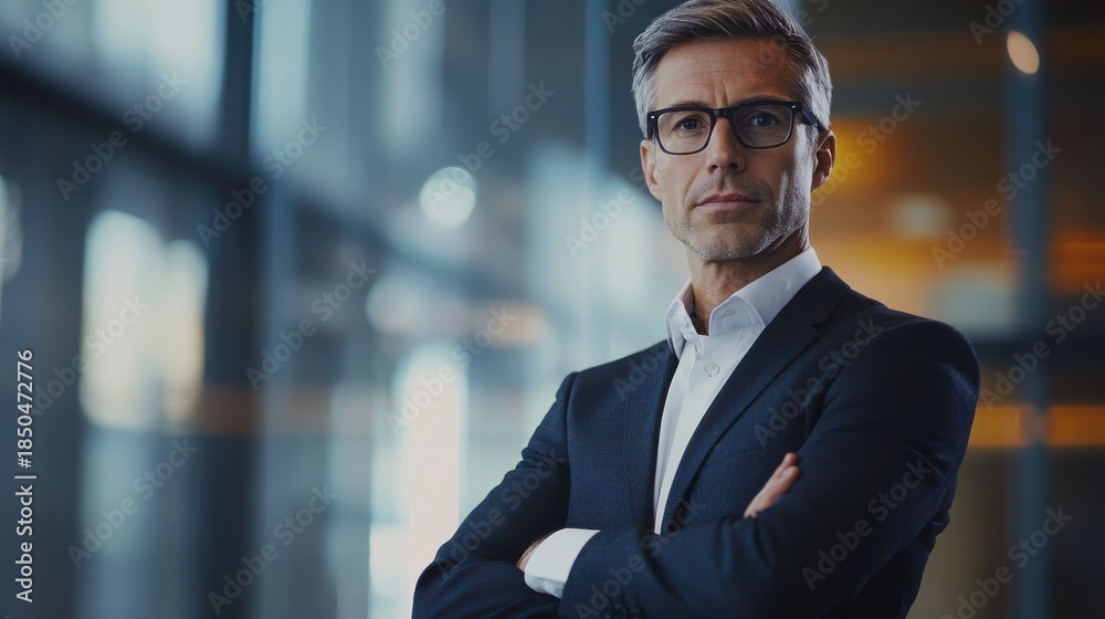 Obraz premium A strategic business leader standing in front of a transparent digital screen, on blurred background
