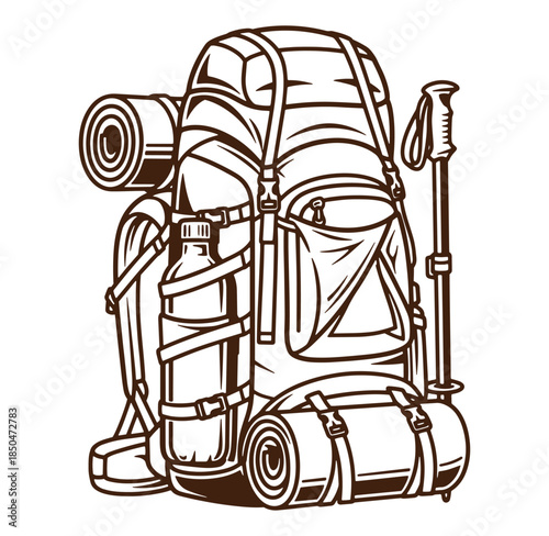 Detailed monochrome illustration of hiking backpack with gear and trekking pole for outdoor adventure