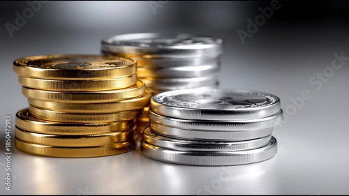 Coins placed in stacks on a table with light background