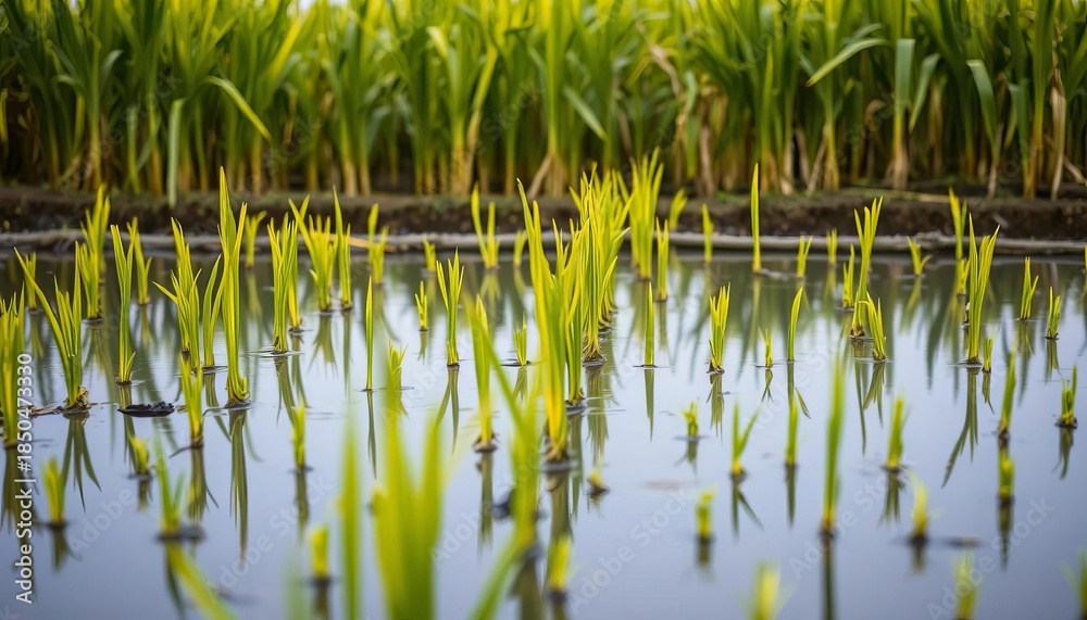 Fototapeta premium Rows of young rice shoots growing in a Balinese paddy field , rice, harvest