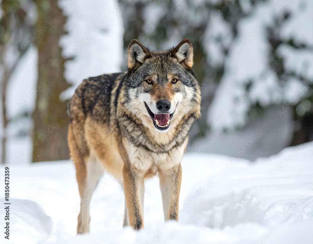 Fototapeta premium A majestic canid, with multi-colored fur, stands in a snowy environment with its mouth open, displaying its teeth, as it looks forward