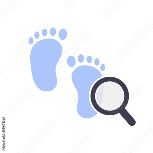 Footprint search icon. Footstep trail mark. Investigation, mystery, evidence concepts. Flat vector design isolated illustration.