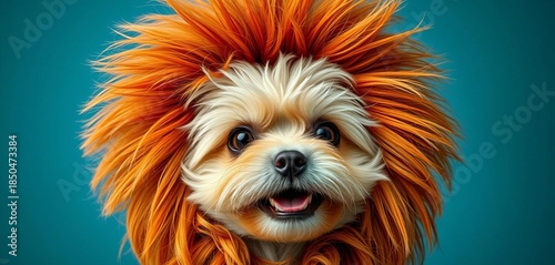 Small dog in fluffy lion mane wig, playful expression,  lion wig,   lion