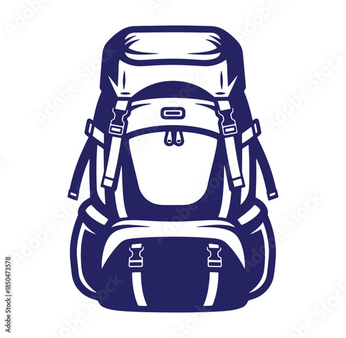 Illustrated vector artwork of a large classic hiking or camping backpack isolated on white