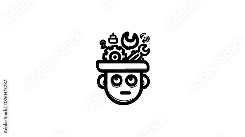 Conceptual human brain with gears and tools icon, symbolizing problem-solving, mechanical thinking, innovation, and intelligence.