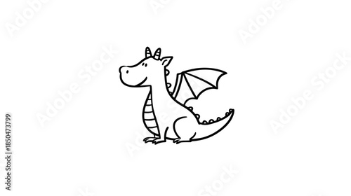 Cute cartoon dragon simple line art drawing illustration isolated on a white background, fantasy mythical creature character